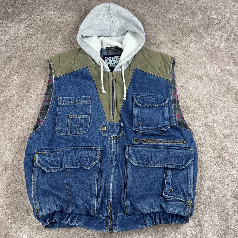 Sutter & Grant Size M Denim Hooded Utility Vest Plaid Flannel Lined Quilted 90s